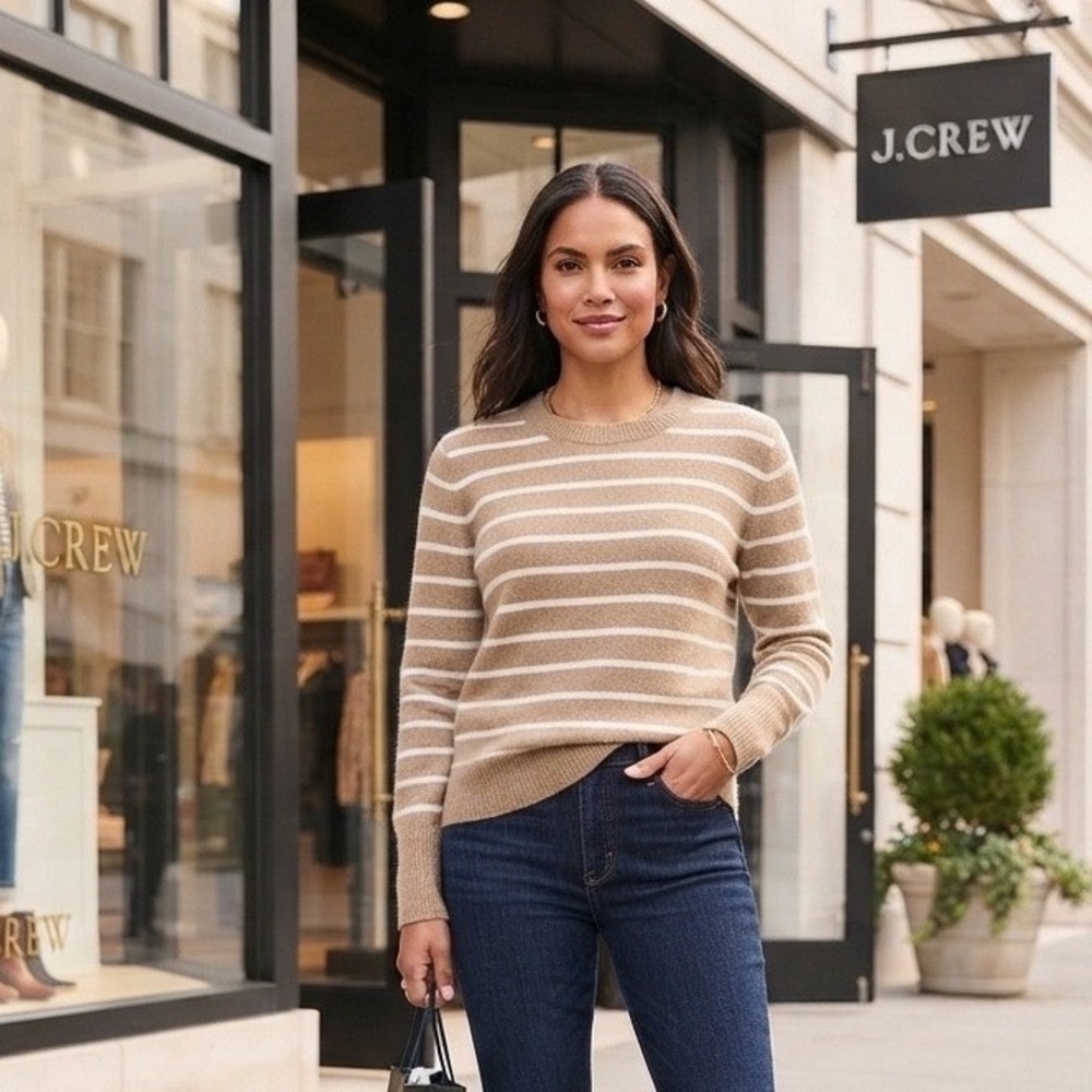 J.Crew Extra-Soft Striped Crewneck Sweater Camel White Merino Wool Blend XL $89